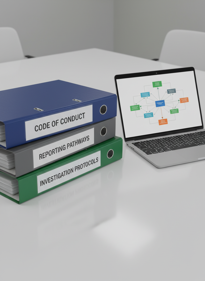 A neat stack of color-coded policy binders resting on a matte white conference table, each spine clearly labeled with precise text such as “Code of Conduct,” “Reporting Pathways,” and “Investigation Protocols.” The binders are in muted, professional tones of deep navy, charcoal gray, and forest green with subtle metallic accents. A slim, open laptop sits nearby, displaying a photographic realistic compliance framework diagram with interconnected nodes. Soft overhead office lighting creates balanced illumination and gentle reflections on the table’s surface. Captured from a slightly elevated angle using the rule of thirds, the composition emphasizes structure and clarity. The atmosphere is orderly and confident, reinforcing the idea of scalable, well-documented compliance systems designed for growing businesses.
