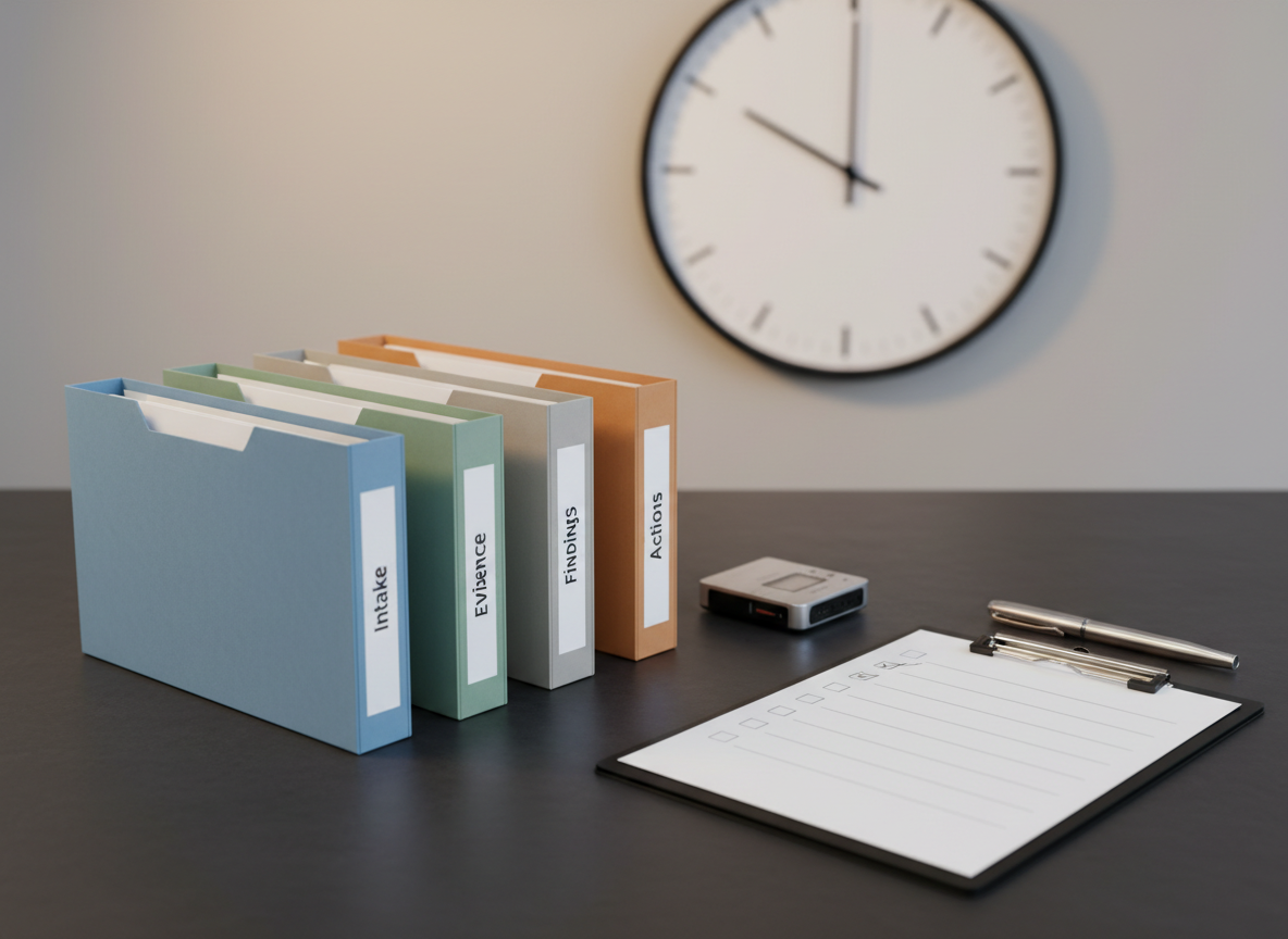 A photographic realistic scene of a structured investigation workspace: a neatly arranged set of labeled folders—“Intake,” “Evidence,” “Findings,” and “Actions”—spread across a dark slate desk. Each folder is a different muted color, with crisp, legible labels. A slim digital voice recorder, a stainless-steel pen, and a minimalist checklist clipboard sit in precise alignment nearby. A large wall clock with a clean white face and thin black hands is softly visible in the blurred background, hinting at timeliness and process. Warm, diffused overhead lighting casts subtle, orderly shadows. Captured from a slightly elevated, three-quarter angle, the composition emphasizes sequence and structure. The atmosphere feels methodical, fair, and balanced, reflecting measured investigation guidance and a disciplined approach to case handling.
