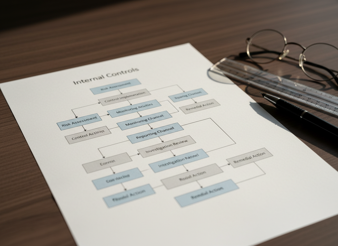 A close-up, photographic realistic image of an intricate internal controls flowchart printed on crisp, bright-white paper, spread across a dark walnut desk. The flowchart uses clean lines, soft blue and gray boxes, and clear arrows labeled with terms like “Risk Assessment,” “Reporting Channel,” and “Investigation Review.” A transparent acrylic ruler, a fine-tip black pen, and a pair of minimalist metal-framed reading glasses rest neatly beside the document. Natural afternoon light from the side creates subtle highlights on the pen and gentle shadows along the paper edges. Shot from a slightly elevated angle, with sharp focus on the central section of the chart and a mild blur toward the edges, the mood is analytical, diligent, and precise, underscoring thoughtful design of internal controls and governance.