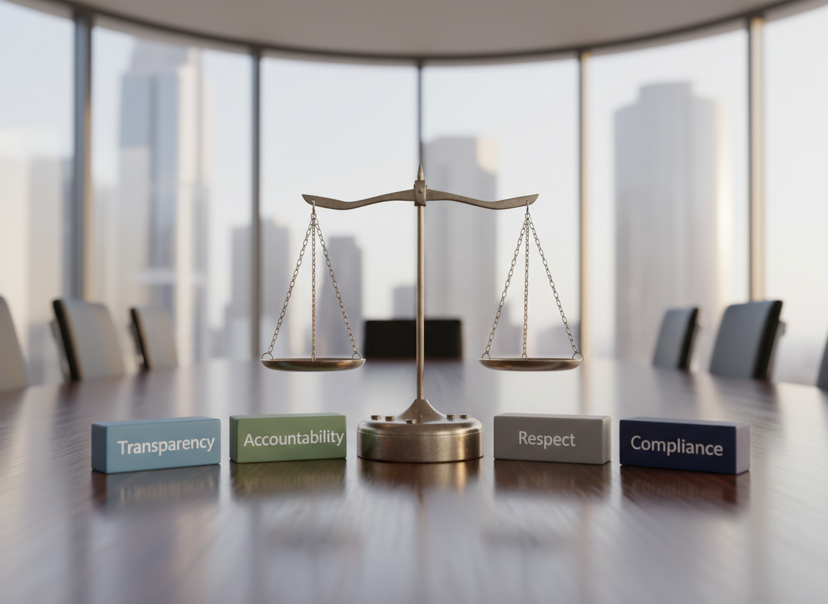 A symbolic representation of organizational integrity: a precisely balanced, brushed-metal scale of justice placed at the center of a polished, dark wood table. Surrounding the scale in a circular arrangement are small, labeled blocks reading “Transparency,” “Accountability,” “Respect,” and “Compliance,” each in a different professional, muted color. In the softly blurred background, glass walls reveal abstract outlines of a modern office skyline without any people visible. Soft morning light filters through, creating a gentle glow on the metal and subtle reflections in the tabletop. Captured at eye level with the scale centered and the blocks forming a harmonious foreground arc, the mood is calm, principled, and aspirational, emphasizing cultures grounded in ethics and integrity for HR leaders and growing businesses.