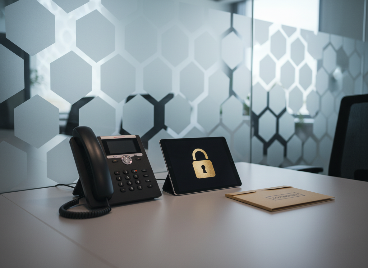 An inviting, modern ethics reporting workspace featuring a sleek matte-black telephone with a lit indicator, a secure-looking lock icon displayed on a nearby tablet screen, and a small, closed folder stamped with the word “Confidential” in discreet, embossed lettering. All are arranged on a smooth light-gray desk surface. Behind them, a frosted glass partition with subtle geometric patterns suggests privacy without showing any people. Soft, cool-toned office lighting combines with faint natural daylight, creating a balanced, low-contrast scene. Captured at eye level with asymmetrical framing and moderate depth of field, background elements remain recognizable yet softly blurred. The mood is safe, trustworthy, and discreet, visually representing confidential reporting pathways and psychological safety in a professional environment.